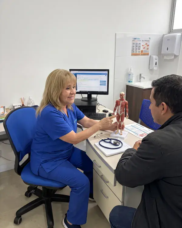 La médica explica a un paciente con un modelo anatómico en el consultorio